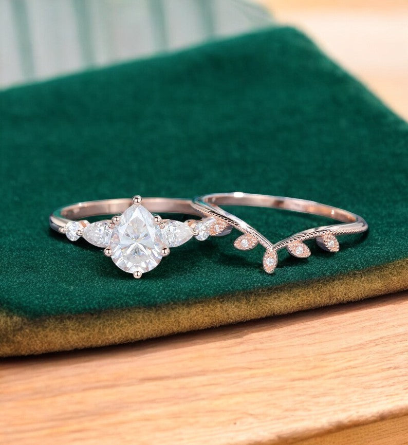 1.680ct Pear Shaped Lab Grown Diamond Engagement Ring Set • Rose Gold Vintage Bridal Set