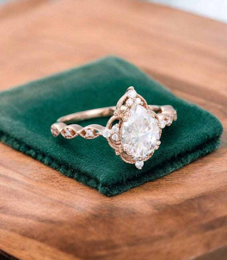 1.25 ct Pear Shaped Lab Grown Diamond Engagement Ring • Vintage Halo Ring