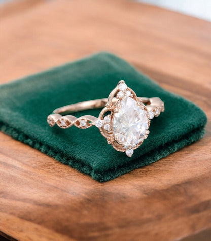 1.25 ct Pear Shaped Lab Grown Diamond Engagement Ring • Vintage Halo Ring