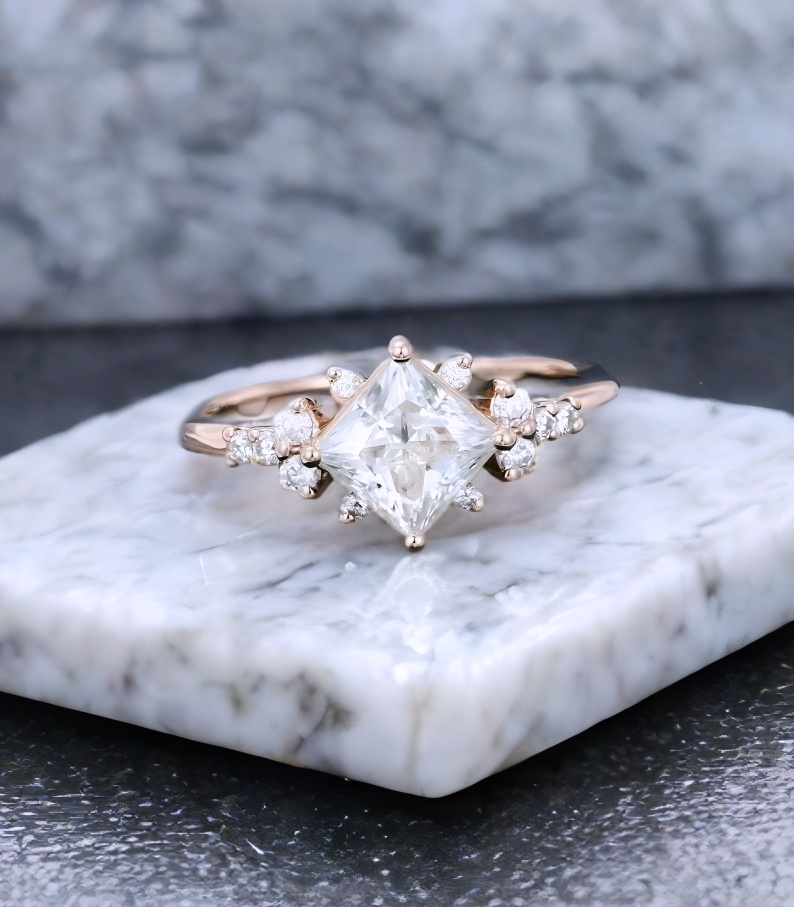 1.25 ct Princess Cut Lab Grown Diamond Engagement Ring • Vintage Rose Gold Bridal Ring