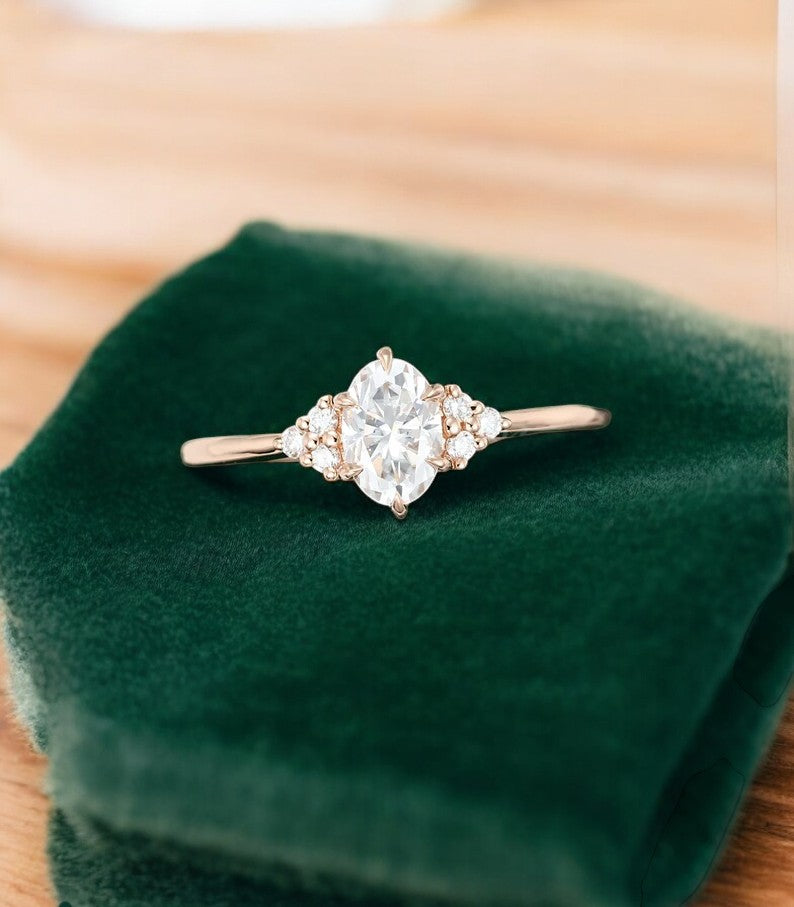 0.50 ct Oval Cut Lab Grown Diamond Engagement Ring • Vintage Diamond Cluster Ring