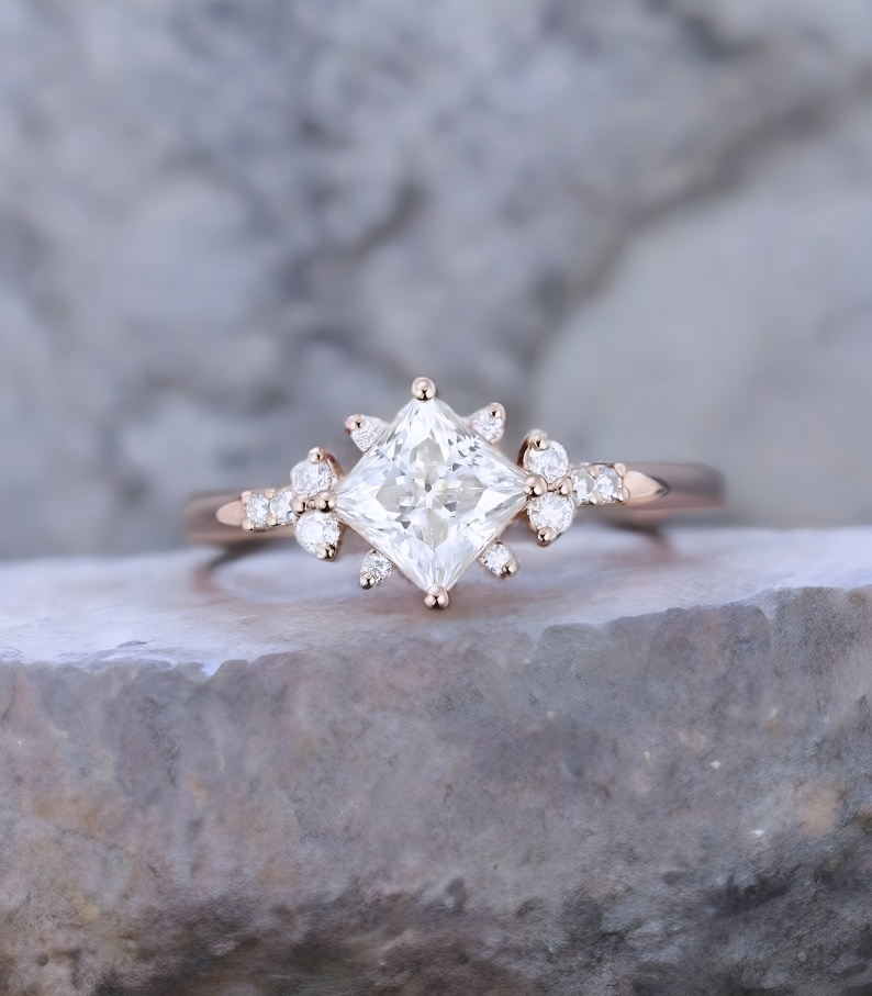 1.25 ct Princess Cut Lab Grown Diamond Engagement Ring • Vintage Rose Gold Bridal Ring