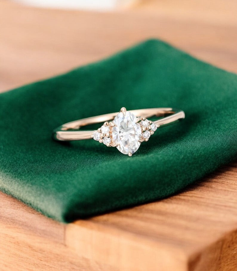 0.50 ct Oval Cut Lab Grown Diamond Engagement Ring • Vintage Diamond Cluster Ring