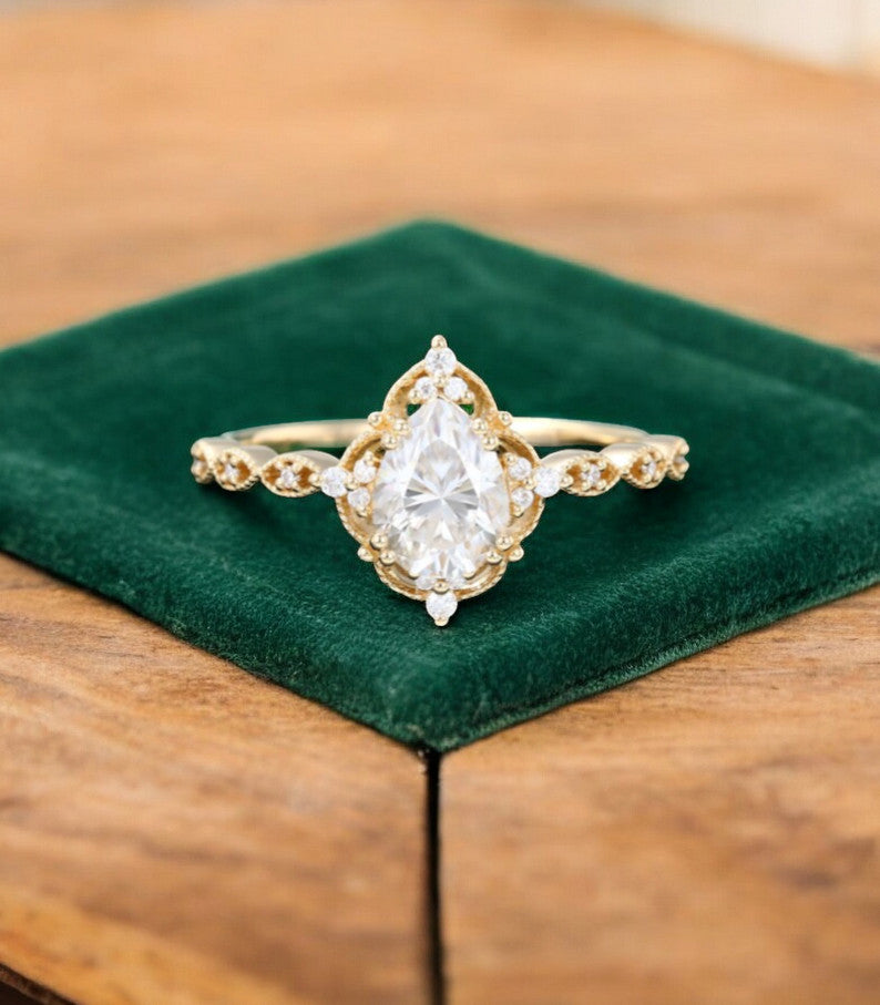 1.25 ct Pear Shaped Lab Grown Diamond Engagement Ring • Vintage Halo Ring