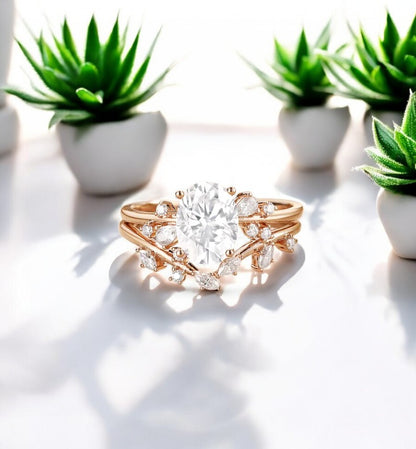 Vintage Oval Cut Moissanite Engagement Ring Set Uniqied Leaf and Vine Twisted Design Ring