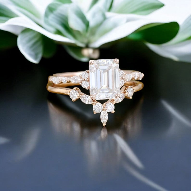 1.219ct Emerald cut moissanite engagement ring set