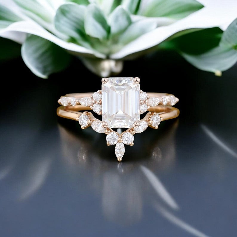 1.219ct Emerald cut moissanite engagement ring set