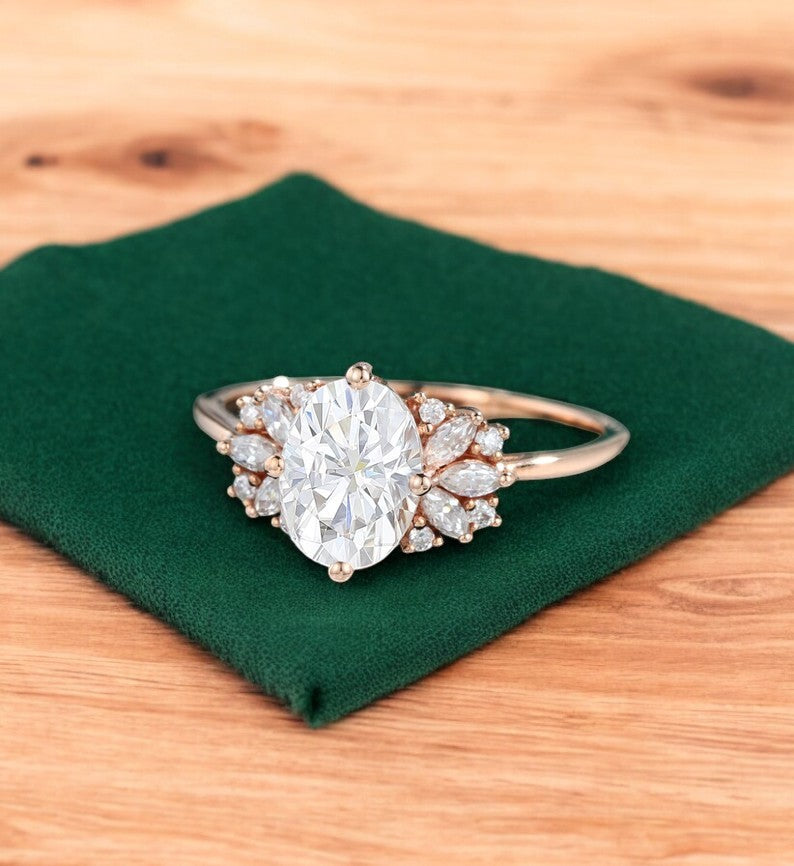 1.650ct Oval Lab Grown Diamond Cluster Ring • Marquise Floral Bridal Ring