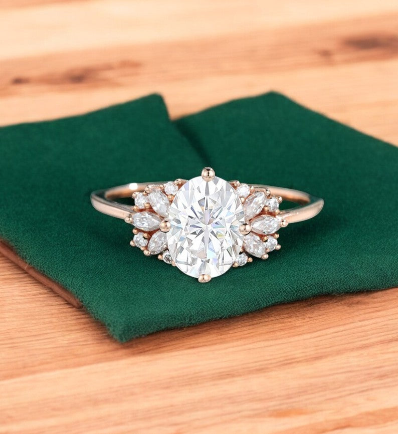1.650ct Oval Lab Grown Diamond Cluster Ring • Marquise Floral Bridal Ring