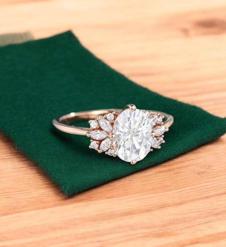 1.650ct Oval Lab Grown Diamond Cluster Ring • Marquise Floral Bridal Ring