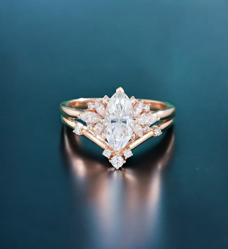 1.00ct Marquise cut  Natural Diamond Engagement Ring Set