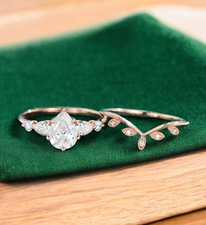 1.680ct Pear Shaped Lab Grown Diamond Engagement Ring Set • Rose Gold Vintage Bridal Set