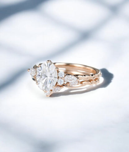 1.660ct Oval Moissanite engagement ring set 14k Rose gold Art deco set