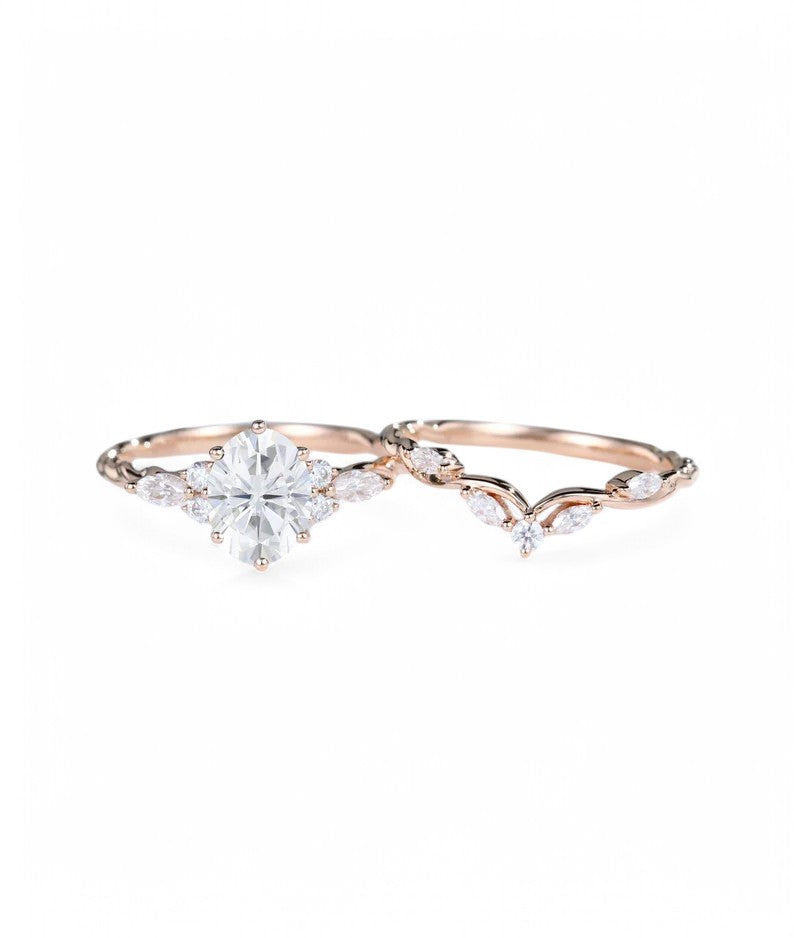 1.660ct Oval Moissanite engagement ring set 14k Rose gold Art deco set