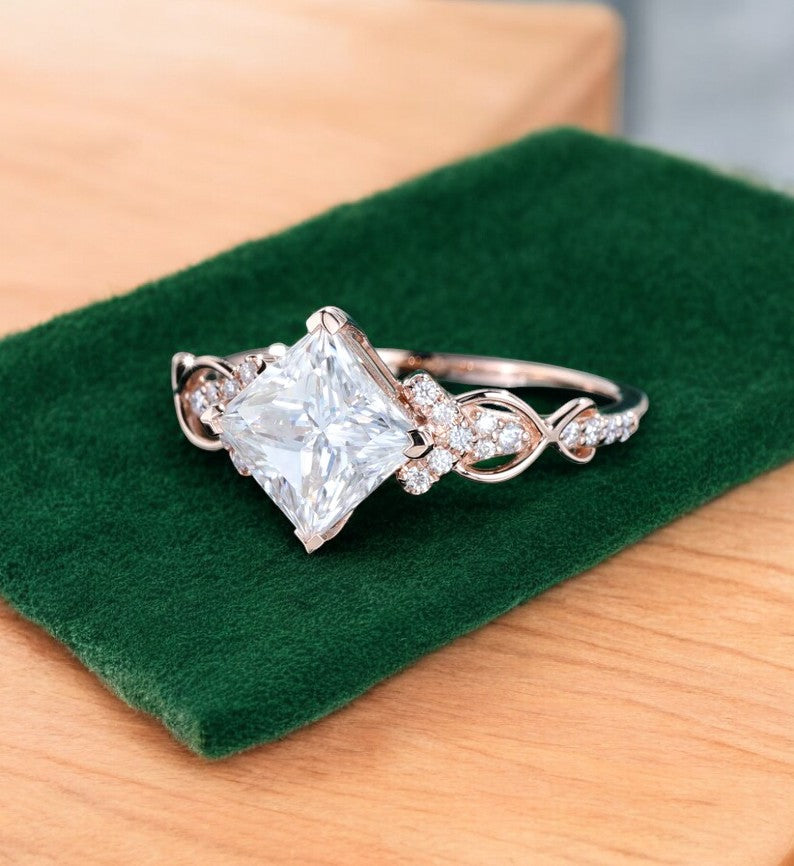 1.5 CT Princess Cut Lab Grown Diamond Engagement Ring • Vintage 14k Yellow Gold Twist Band