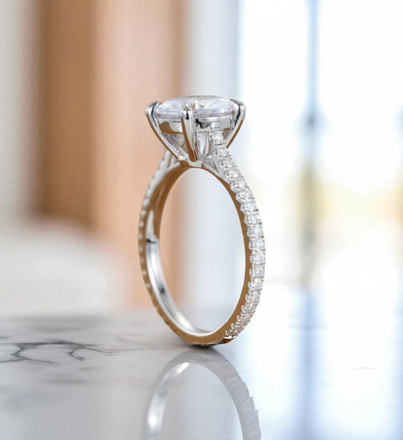 2CT Round Lab Grown Diamond Engagement Ring • Vintage White Gold Half Eternity Diamond Ring
