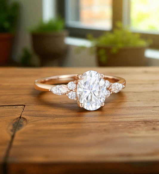 1.25 ct Oval Lab Grown Diamond Engagement Ring • Cluster Side Stone Ring