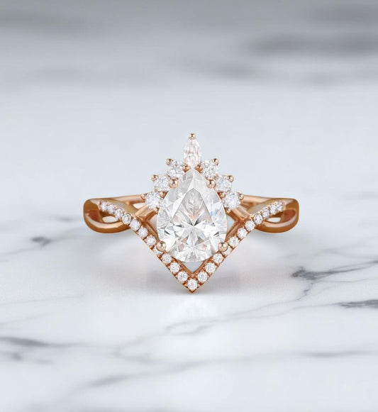 Lab Grown Diamond 1.250 ct Pear Engagement Ring • Rose Gold Vintage Cluster Bridal Ring