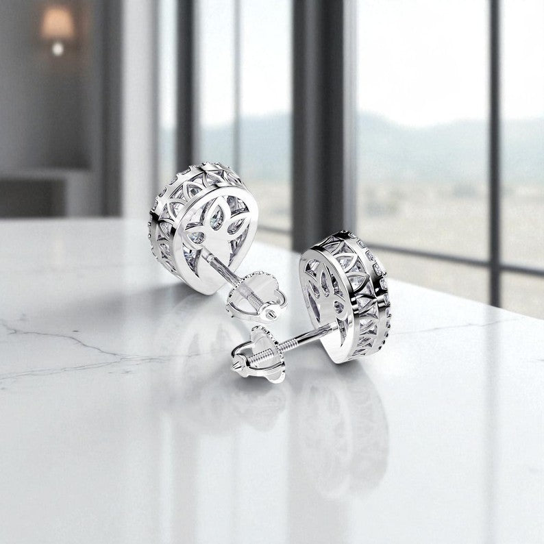 2 Carat Pear Cut Lab Grown Diamond Earrings • Halo Diamond Screw Back Studs