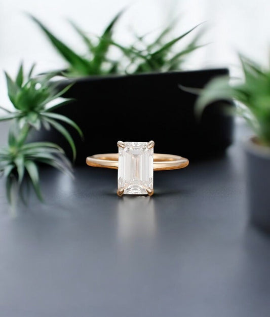 2.5 CT Emerald Cut Hidden Halo Moissanite Engagement Ring