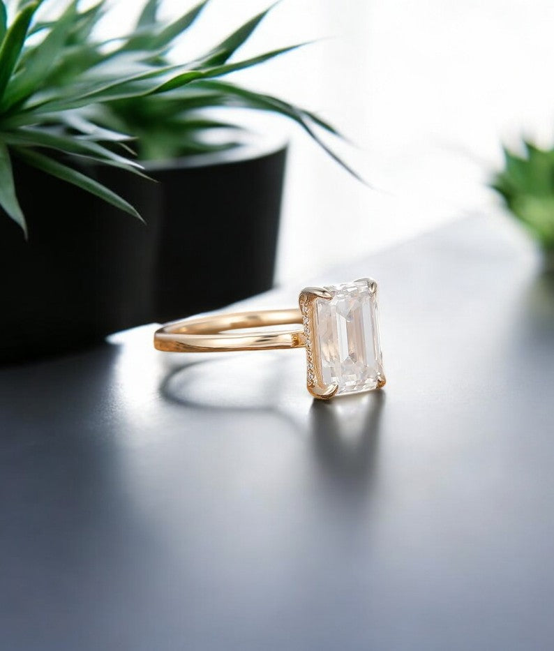 2.5 CT Emerald Cut Hidden Halo Moissanite Engagement Ring