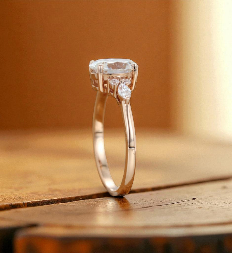 1.25 ct Oval Lab Grown Diamond Engagement Ring • Cluster Side Stone Ring