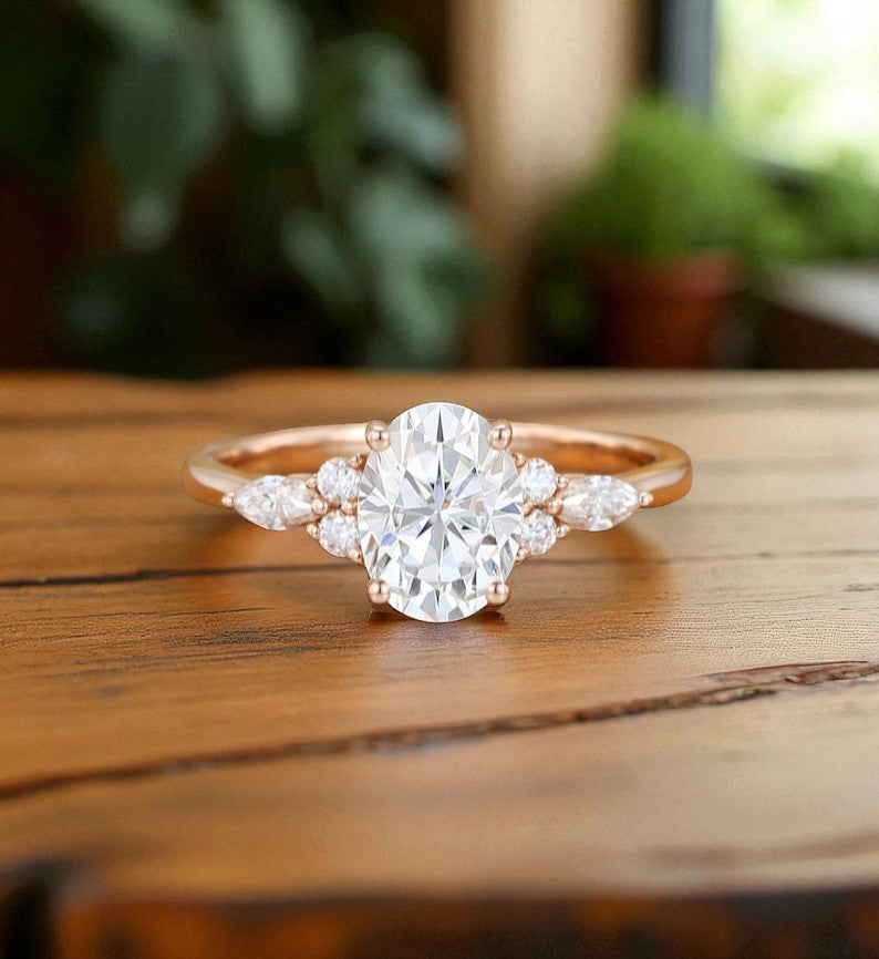 1.25 ct Oval Lab Grown Diamond Engagement Ring • Cluster Side Stone Ring