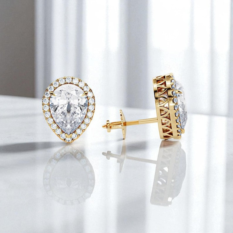 2 Carat Pear Cut Lab Grown Diamond Earrings • Halo Diamond Screw Back Studs