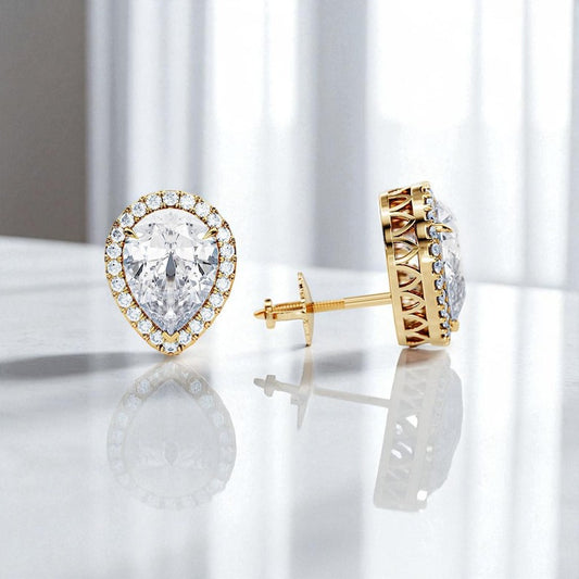 2 Carat Pear Cut Lab Grown Diamond Earrings • Halo Diamond Screw Back Studs