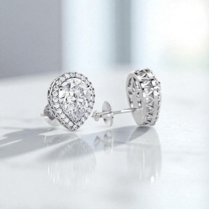 2 Carat Pear Cut Lab Grown Diamond Earrings • Halo Diamond Screw Back Studs