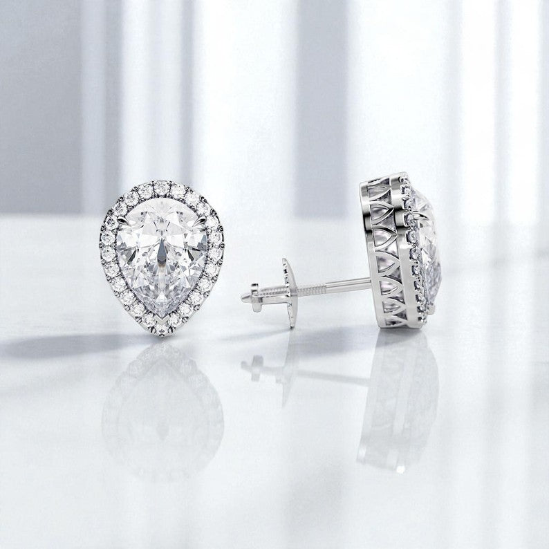 2 Carat Pear Cut Lab Grown Diamond Earrings • Halo Diamond Screw Back Studs