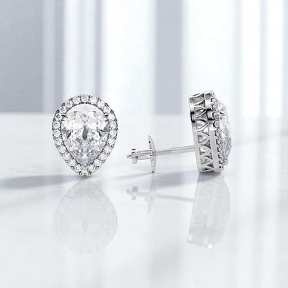 2 Carat Pear Cut Lab Grown Diamond Earrings • Halo Diamond Screw Back Studs