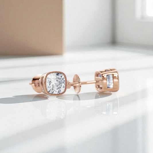 2.0 Ct Square Cushion Lab Grown Diamond Earrings • Milgrain Bezel Studs