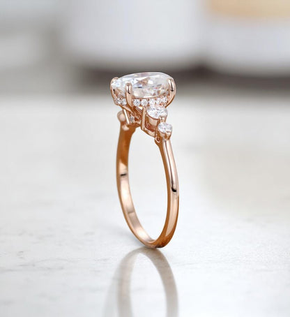2CT Oval Cut Lab Grown Diamond Engagement Ring • Rose Gold Cluster Bridal Ring