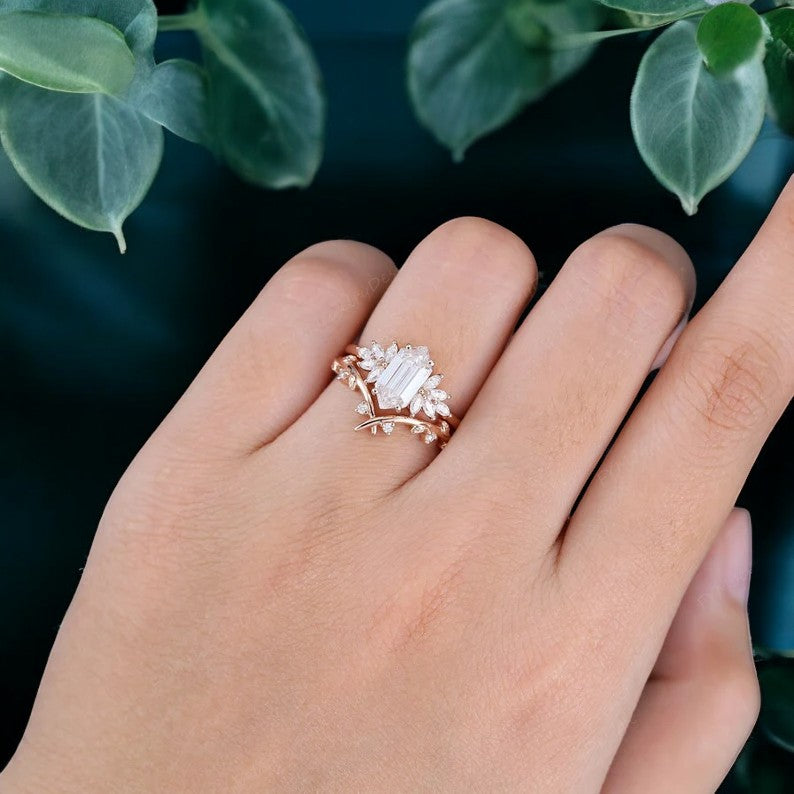 1.700ct Long hexagon cut Moissanite engagement ring set