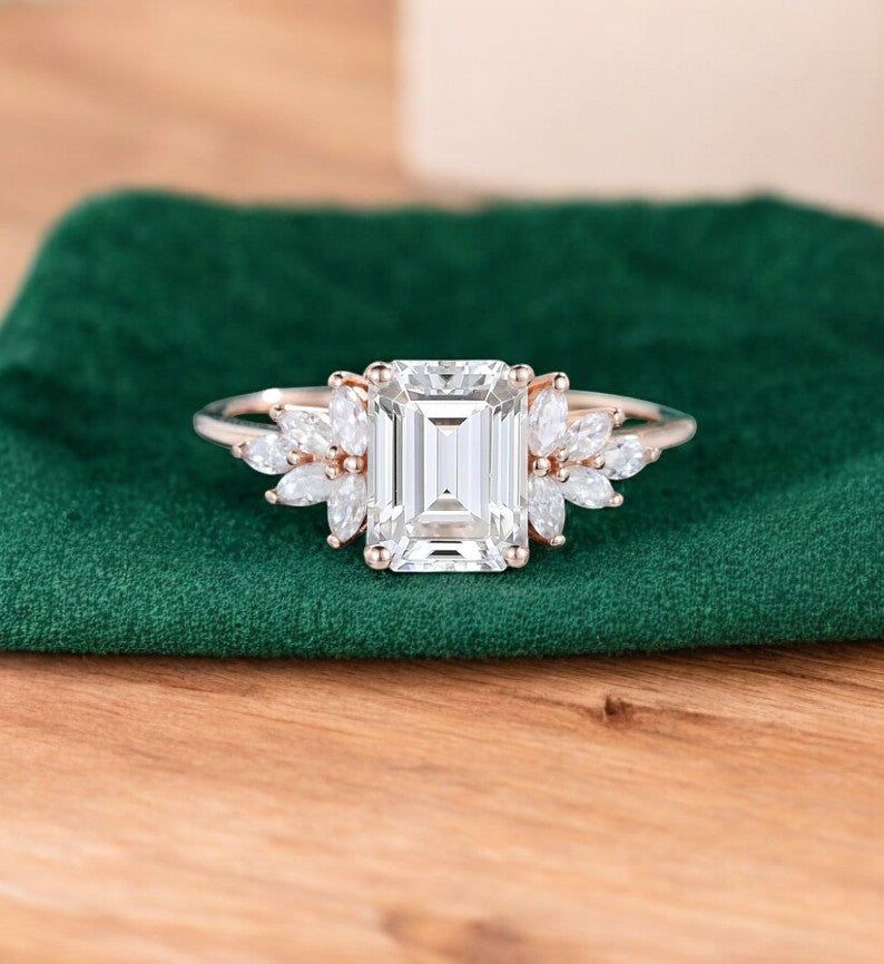 1.75ct Emerald Cut Lab Grown Diamond Floral Cluster Engagement Ring