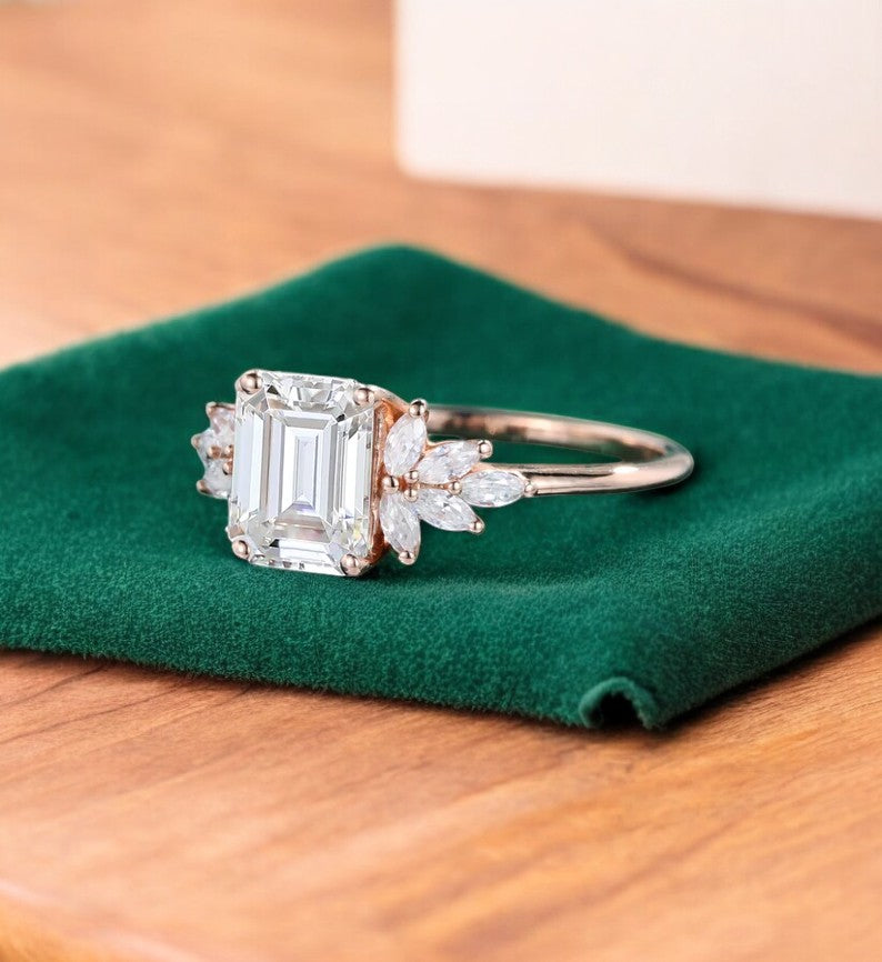 1.75ct Emerald Cut Lab Grown Diamond Floral Cluster Engagement Ring