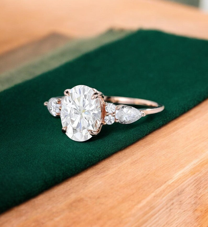 2.5 ct Oval Lab Grown Diamond Engagement Ring • Three Stone Vintage Bridal Ring