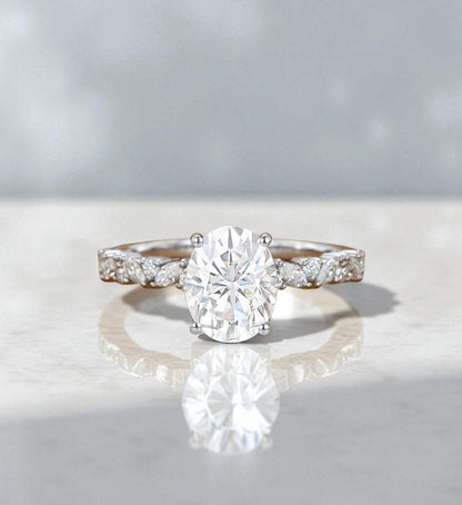 2CT Oval Lab Grown Diamond Engagement Ring • Vintage White Gold Half Eternity Bridal Ring
