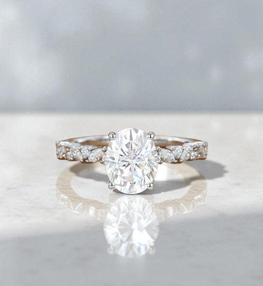 2CT Oval Lab Grown Diamond Engagement Ring • Vintage White Gold Half Eternity Bridal Ring