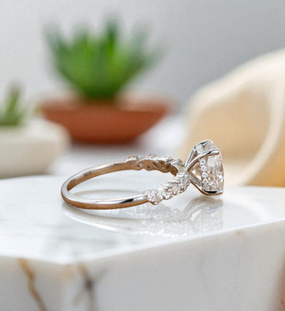 2CT Oval Lab Grown Diamond Engagement Ring • Vintage White Gold Half Eternity Bridal Ring