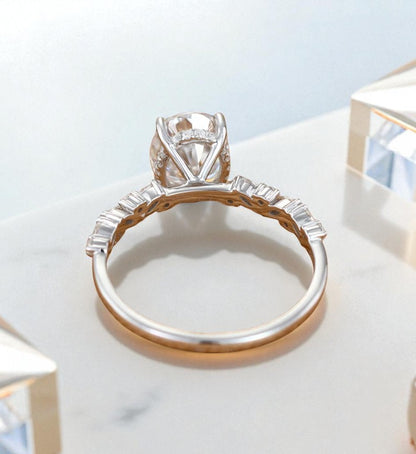 2CT Oval Lab Grown Diamond Engagement Ring • Vintage White Gold Half Eternity Bridal Ring