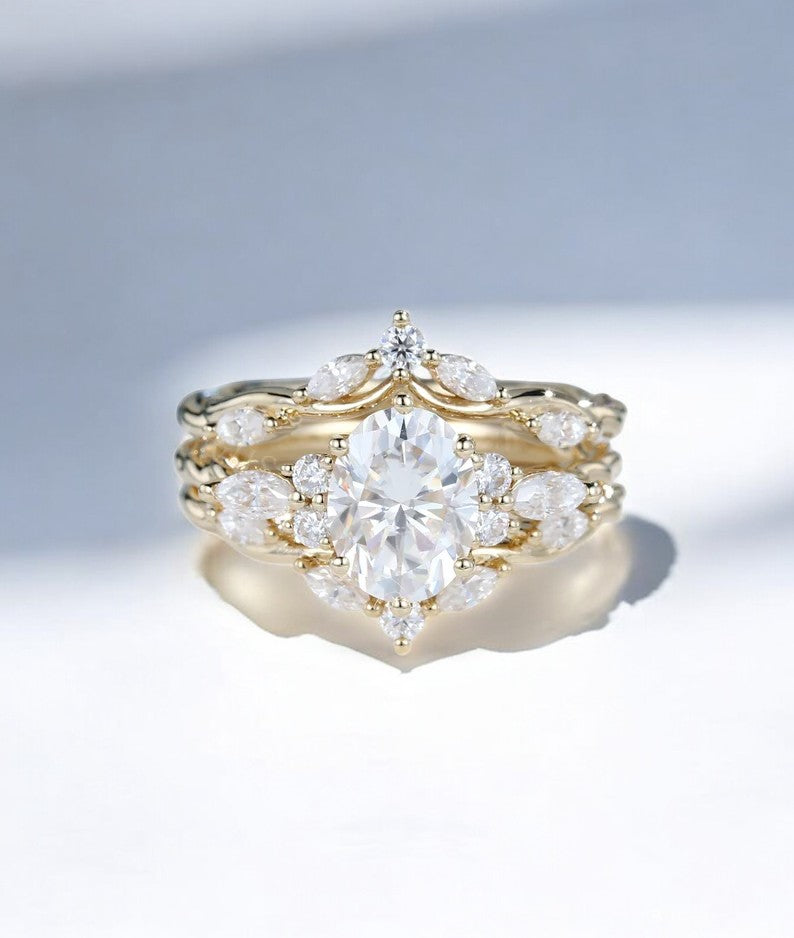 1.810ct Oval cut lab grown Diamond engagement ring set Marquise cut Band