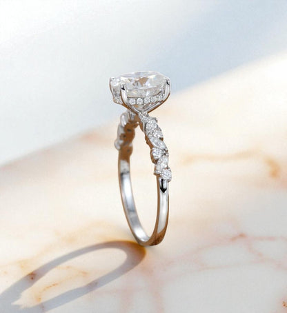 2CT Oval Lab Grown Diamond Engagement Ring • Vintage White Gold Half Eternity Bridal Ring