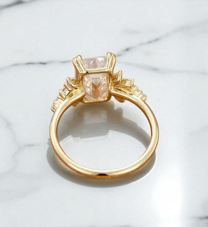 3.5ct Emerald Cut Lab Grown Diamond Engagement Ring • Vintage Yellow Gold Cluster Bridal Ring