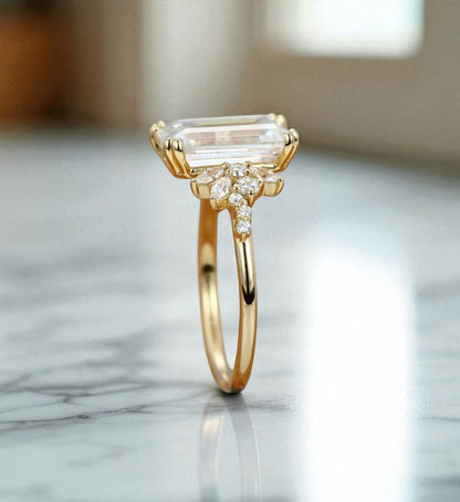 3.5ct Emerald Cut Lab Grown Diamond Engagement Ring • Vintage Yellow Gold Cluster Bridal Ring