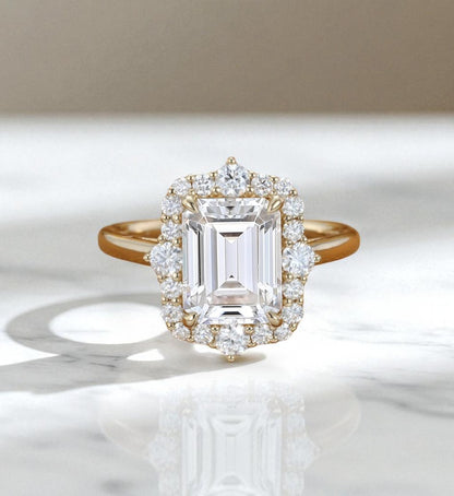 3CT Emerald Cut Lab Grown Diamond Engagement Ring • Vintage Yellow Gold Halo Ring