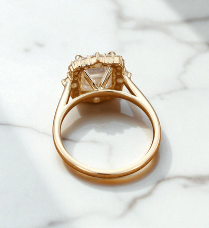 3CT Emerald Cut Lab Grown Diamond Engagement Ring • Vintage Yellow Gold Halo Ring