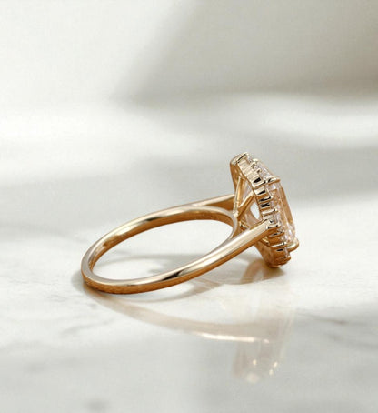 3CT Emerald Cut Lab Grown Diamond Engagement Ring • Vintage Yellow Gold Halo Ring