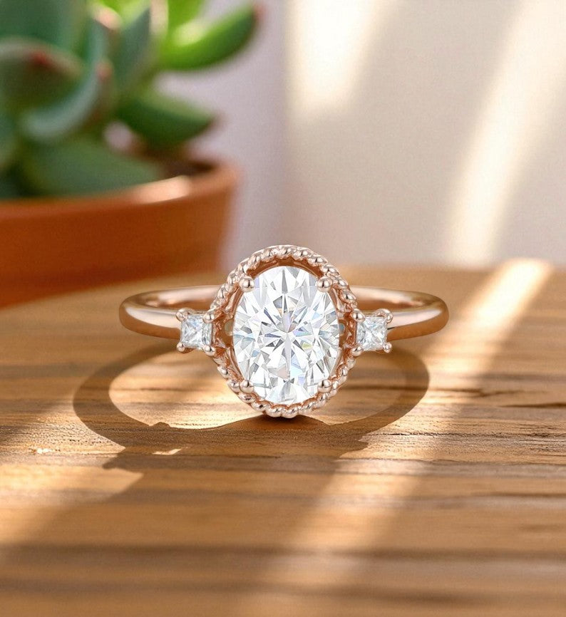 1.25 ct Oval Lab Grown Diamond Rose Gold Engagement Ring • Unique Bezel Set Diamond Ring